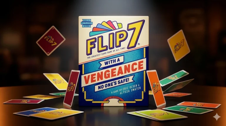 Flip 7 With a Vengeance card game box on a dramatic game night table with colorful cards scattered around