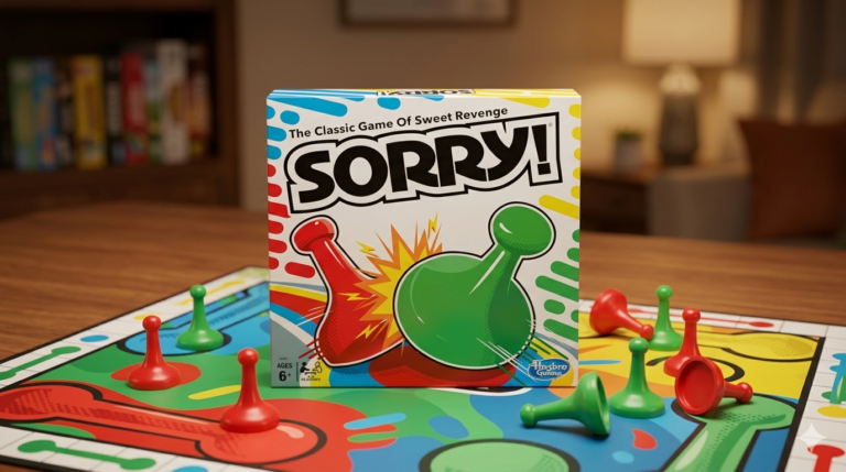 Sorry! board game with colorful pawns and game board on a wooden table